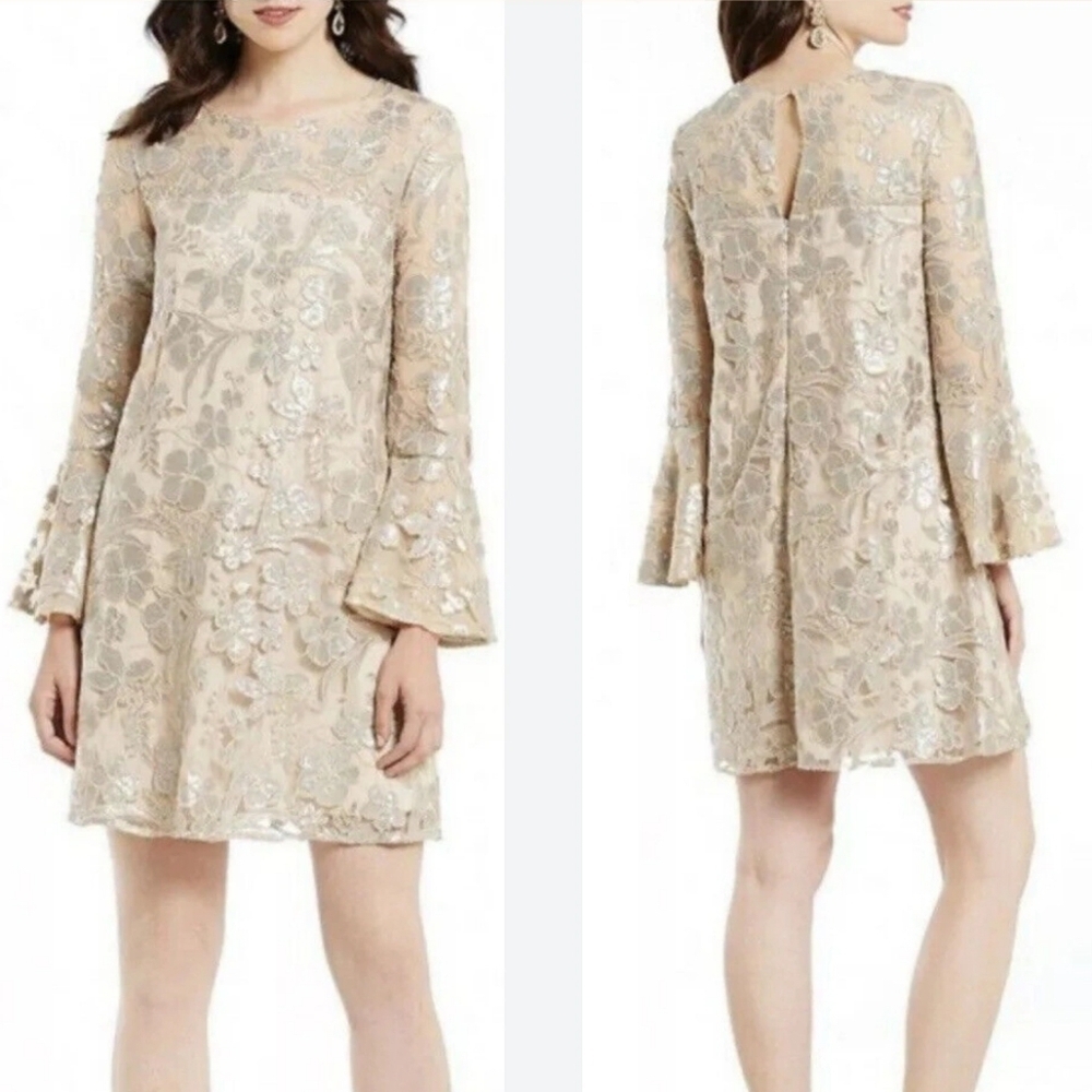 Badgley Mischka Champagne-Beige Lace Mini Dress with Metallic Floral Accents